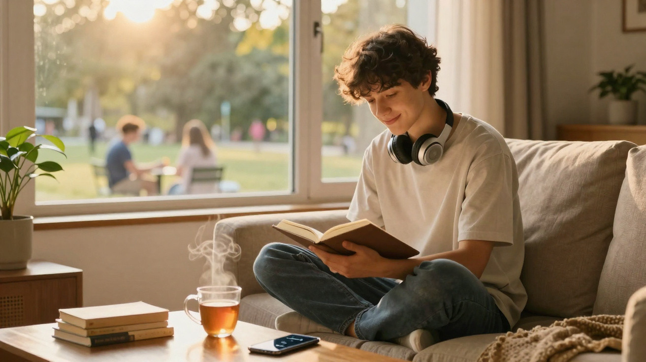 Jovem sentado no sofá lendo livro, com fones no pescoço, xícara de chá e celular na mesa à sua frente.