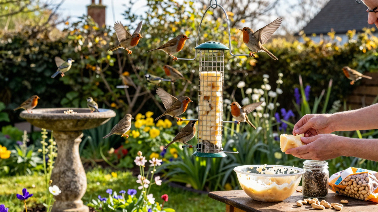 Pássaros coloridos voando e pousando em comedouro de jardim enquanto pessoa prepara comida para eles.