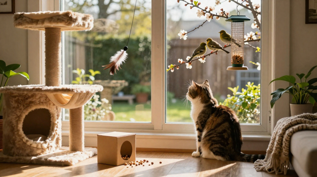 Gato sentado perto da janela observando pássaros em comedouro, próximo a arranhador e brinquedo pendurado.