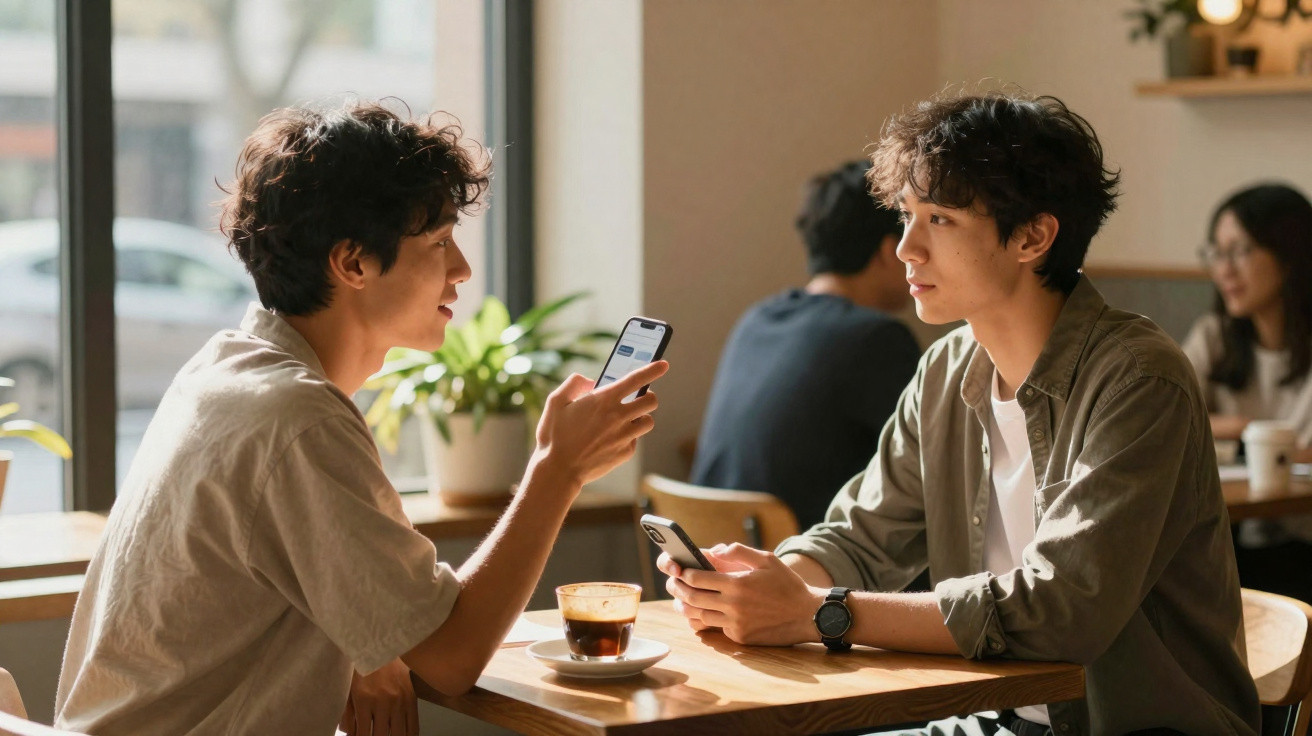 Dois jovens em conversa em café, cada um segurando um celular, com xícara de café sobre a mesa.
