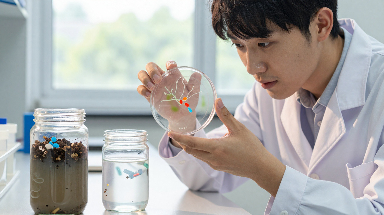 Cientista observa bactéria geneticamente modificada em placa de Petri com frascos de líquido e solo ao lado.