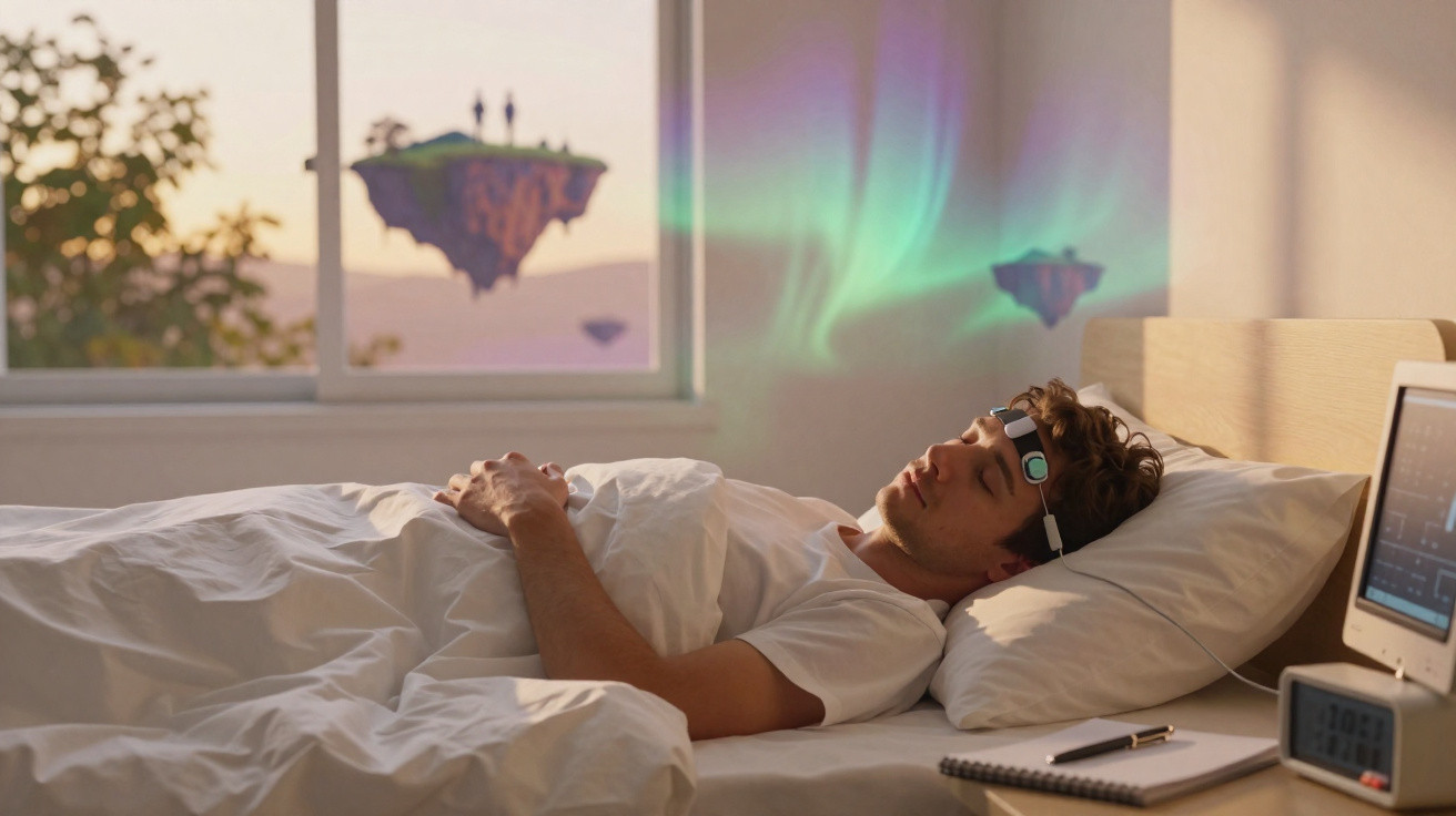 Homem dormindo com dispositivos para monitorar sono, imagens de ilhas flutuantes projetadas no quarto.