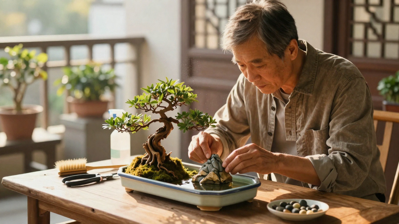 Homem cuidando de planta bonsai em vaso sobre mesa de madeira em ambiente iluminado.