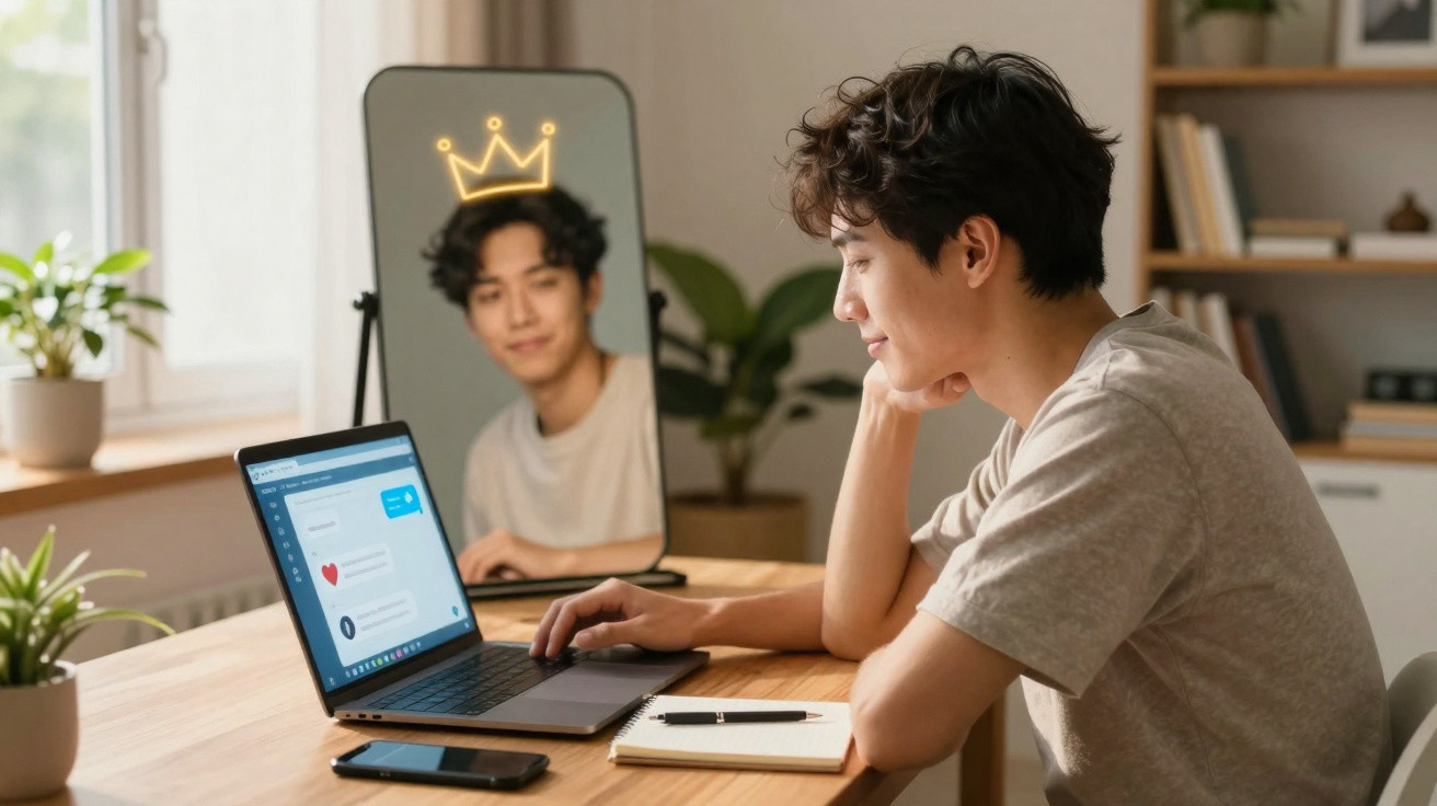 Homem sorrindo ao usar laptop, com espelho que destaca uma coroa desenhada sobre sua cabeça.