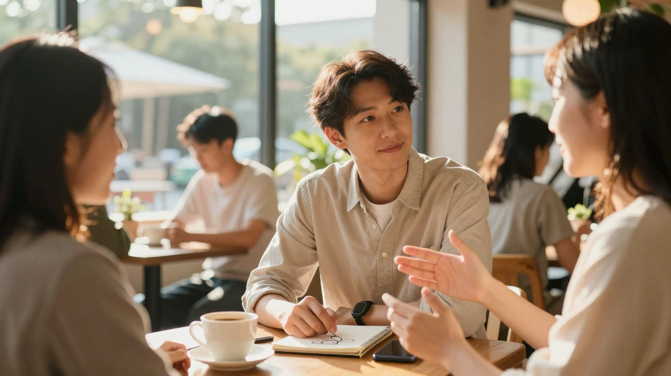 Jovens conversando em cafeteria iluminada com café e caderno sobre a mesa.