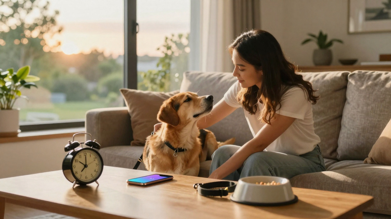 Mulher sentada no sofá acariciando cachorro ao pôr do sol em sala com mesa e acessórios do animal.