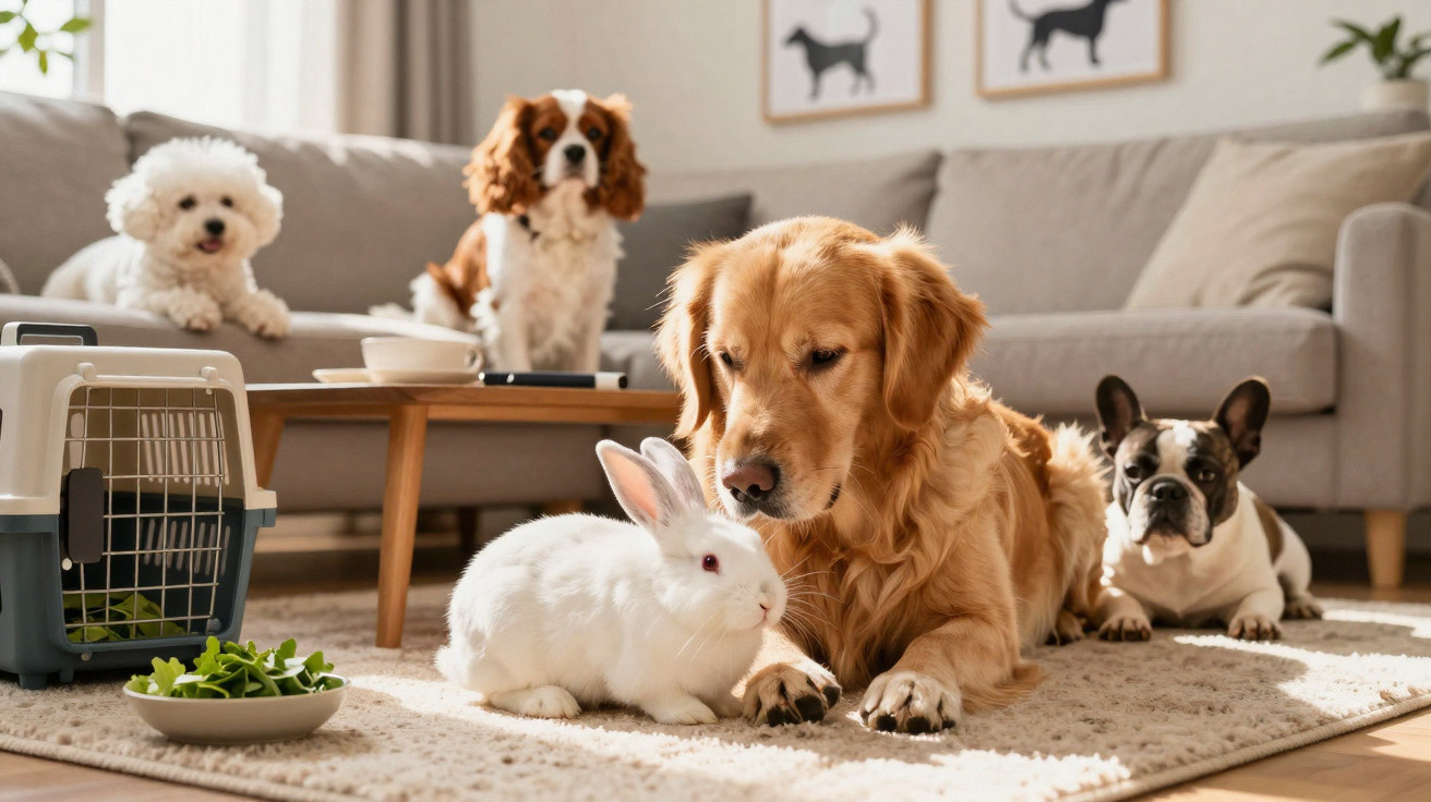 Cachorros e um coelho branco juntos no tapete de uma sala iluminada e aconchegante.