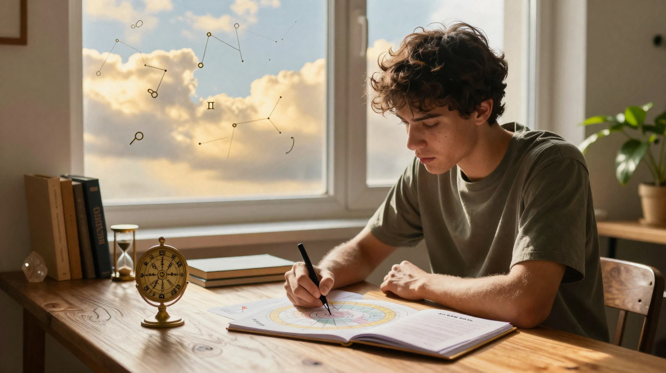 Jovem sentado à mesa desenhando roda astrológica com constelações visíveis pela janela ao fundo.
