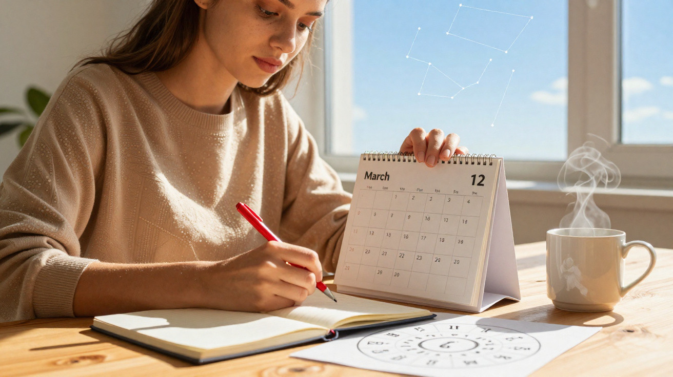 Mulher escrevendo em caderno, segurando calendário de março, com xícara de café fumegante e papel com signos na mesa.