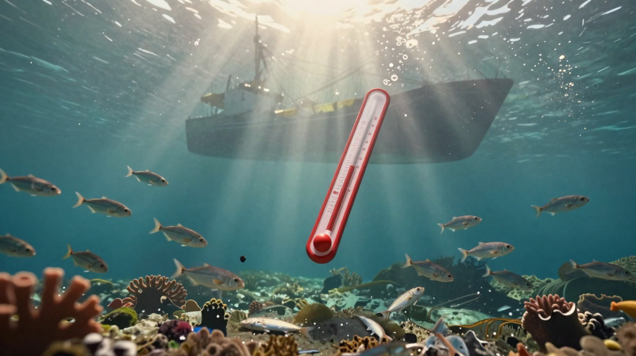 Termômetro submerso mostrando aumento da temperatura da água do mar com peixes e barco ao fundo.