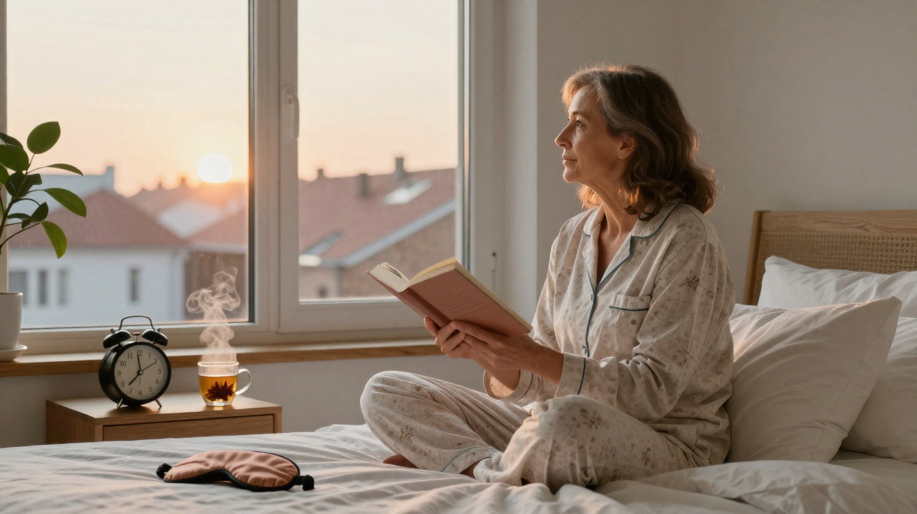 Mulher madura de pijama sentada na cama lendo um livro, olhando pensativa pela janela ao amanhecer.
