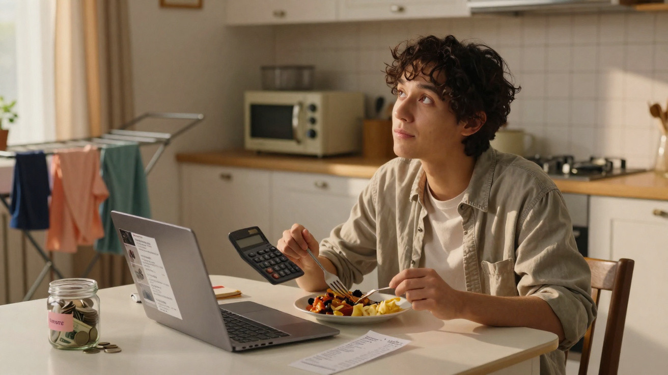 Jovem sentado à mesa comendo e usando calculadora, ao lado de laptop e jarra com moedas na cozinha.