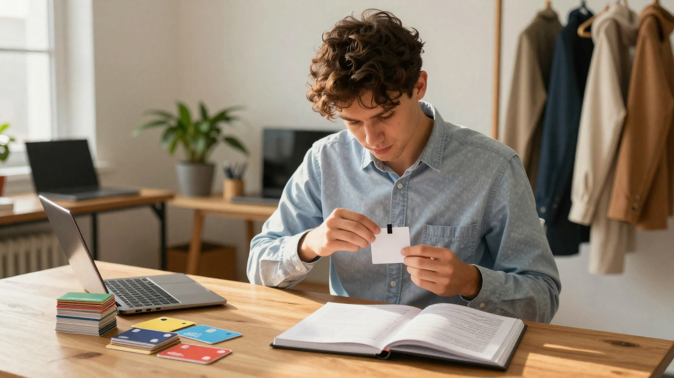 Jovem sentado à mesa estudando com notebook aberto e cartão em mãos em ambiente organizado e iluminado.