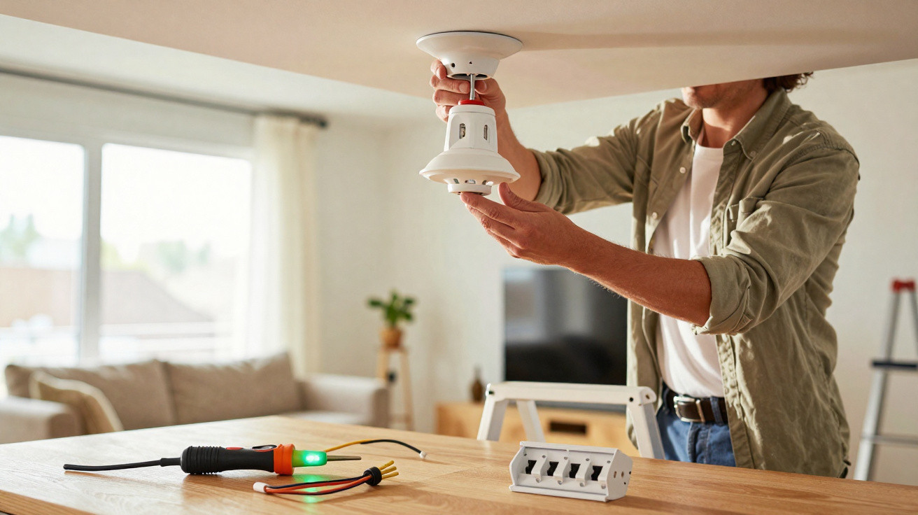 Homem instala luminária no teto em sala com ferramentas elétricas sobre a mesa.