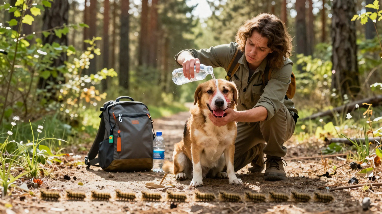 Pessoa derramando água na boca de um cachorro sentado em trilha na floresta, ao lado de mochila.