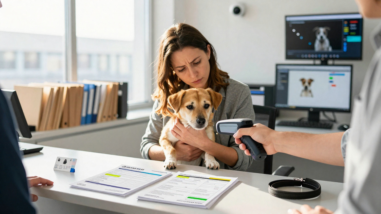 Mulher segurando cachorro no veterinário enquanto profissional usa scanner para ler dados do animal.