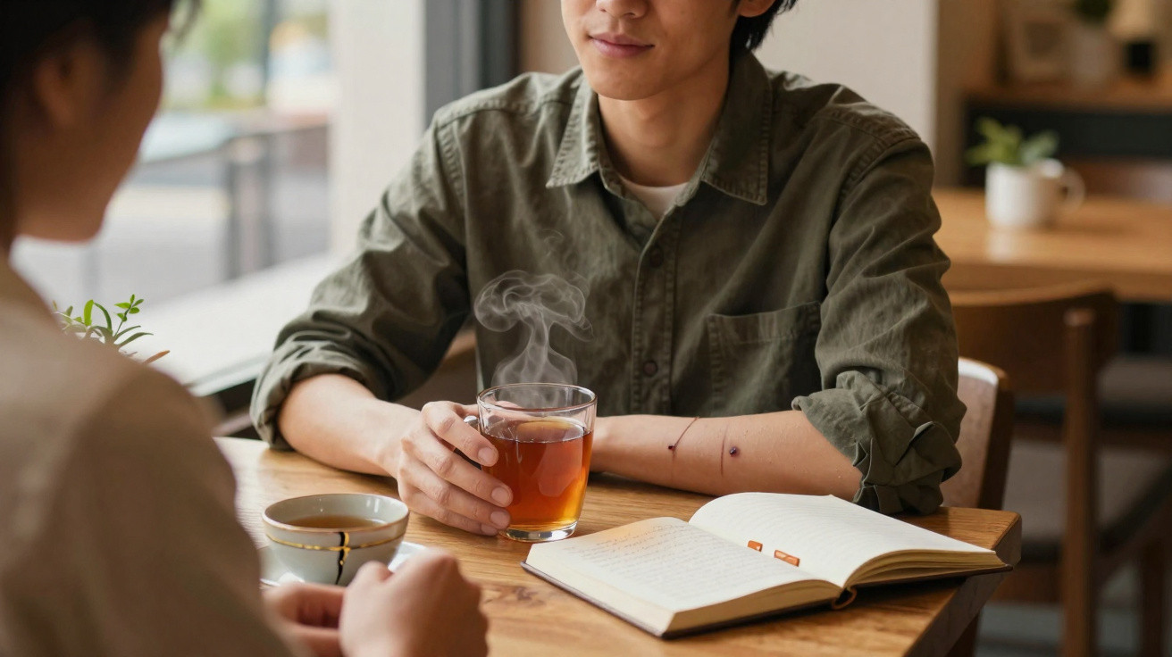 Duas pessoas conversando em mesa com chá quente, caderno aberto e xícara em café.