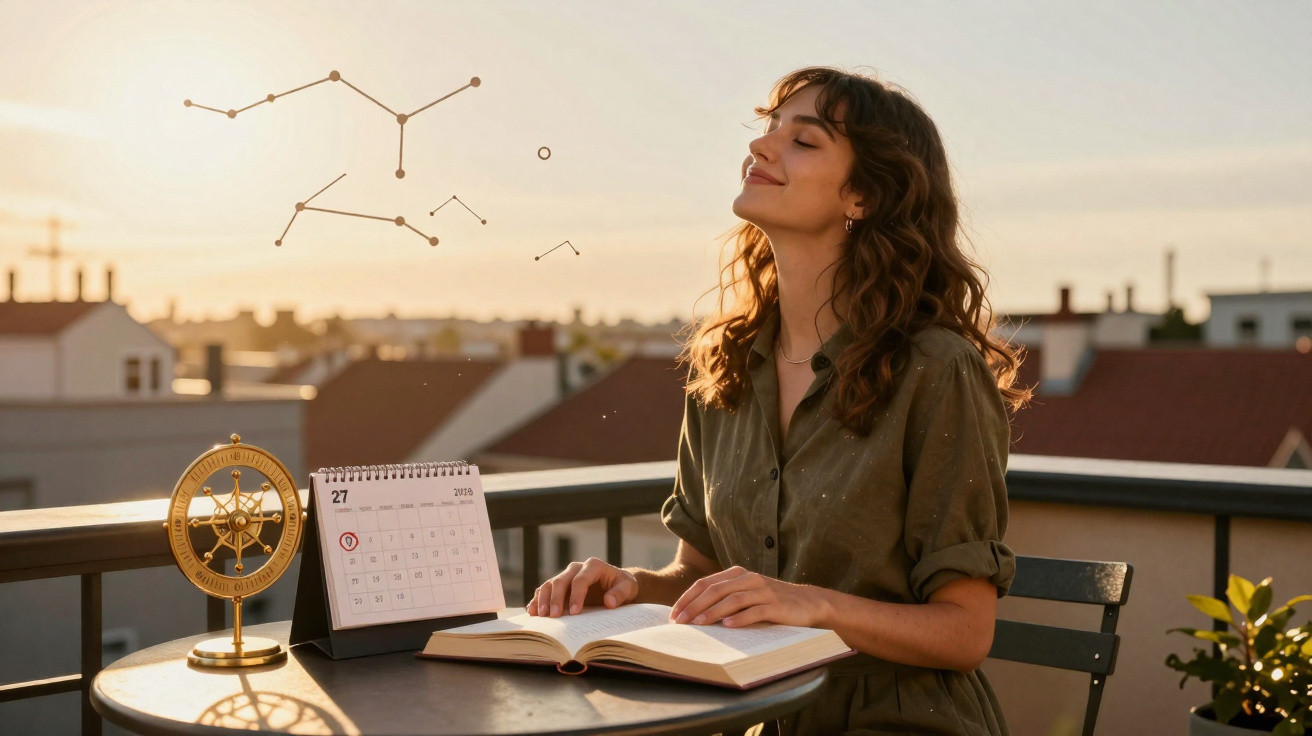Mulher sentada na varanda com livro aberto aproveitando o pôr do sol ao lado de calendário e bússola decorativa.