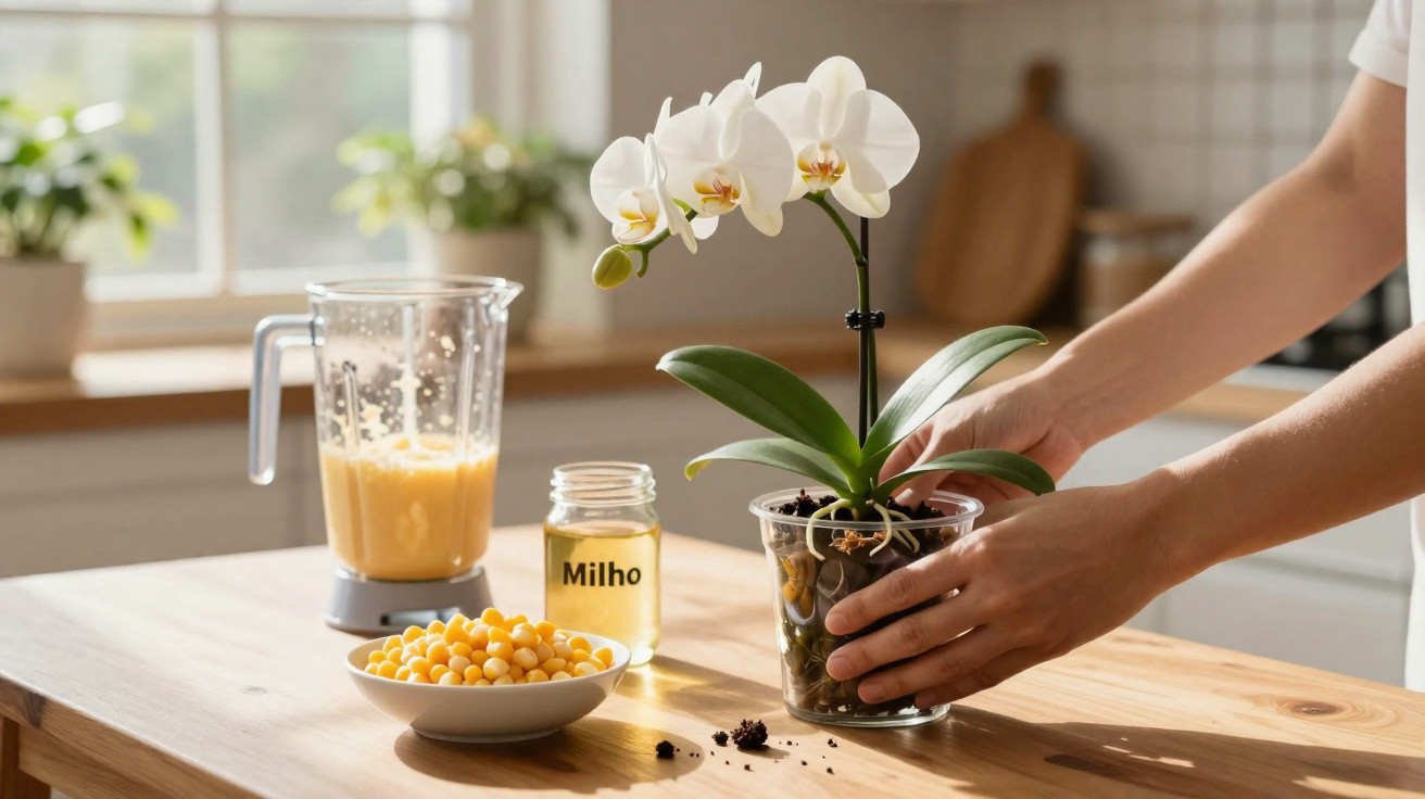 Mãos segurando orquídea branca em vaso transparente, com milho e suco no liquidificador à mesa.