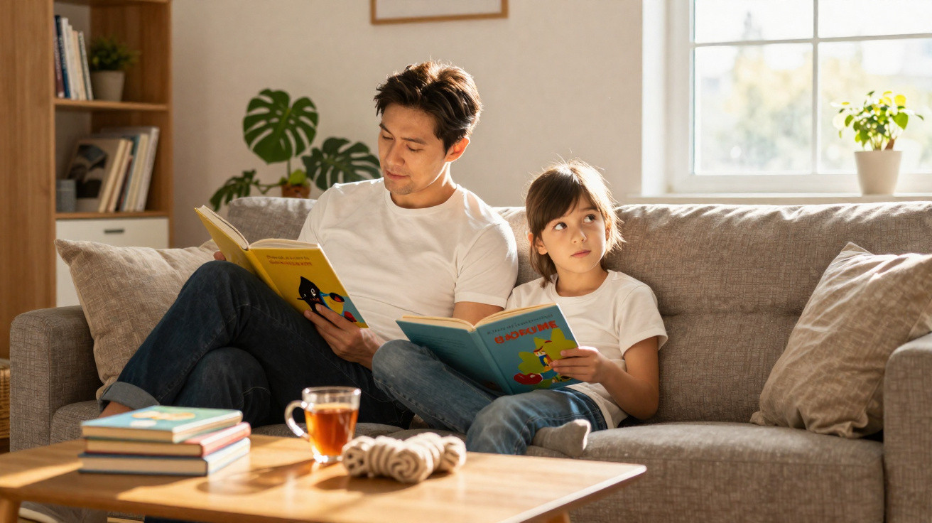 Pai e filho lendo livros sentados juntos em sofá na sala iluminada pela luz natural.