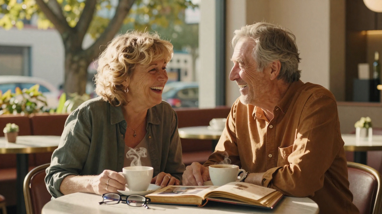 Casal idoso sorrindo e tomando café em cafeteria enquanto folheiam livro juntos.