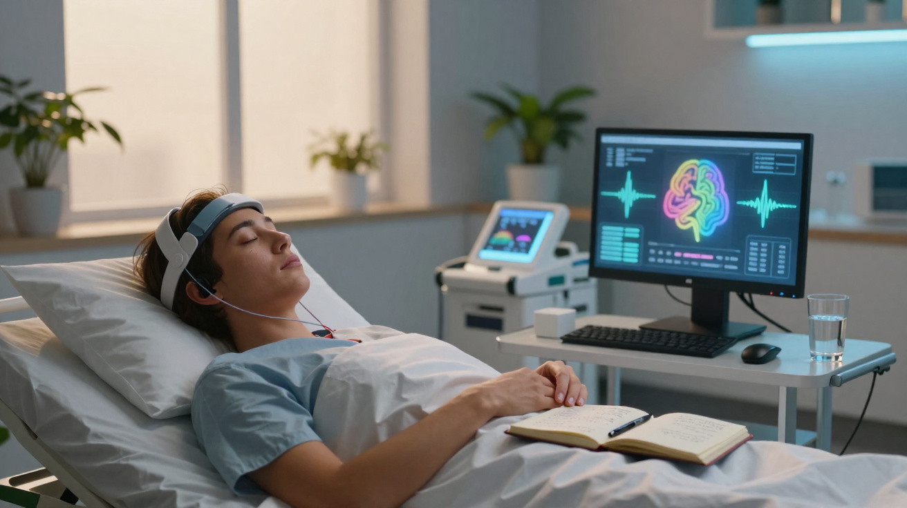 Jovem deitado em cama hospitalar com eletrodos na cabeça e monitor mostrando atividade cerebral colorida.