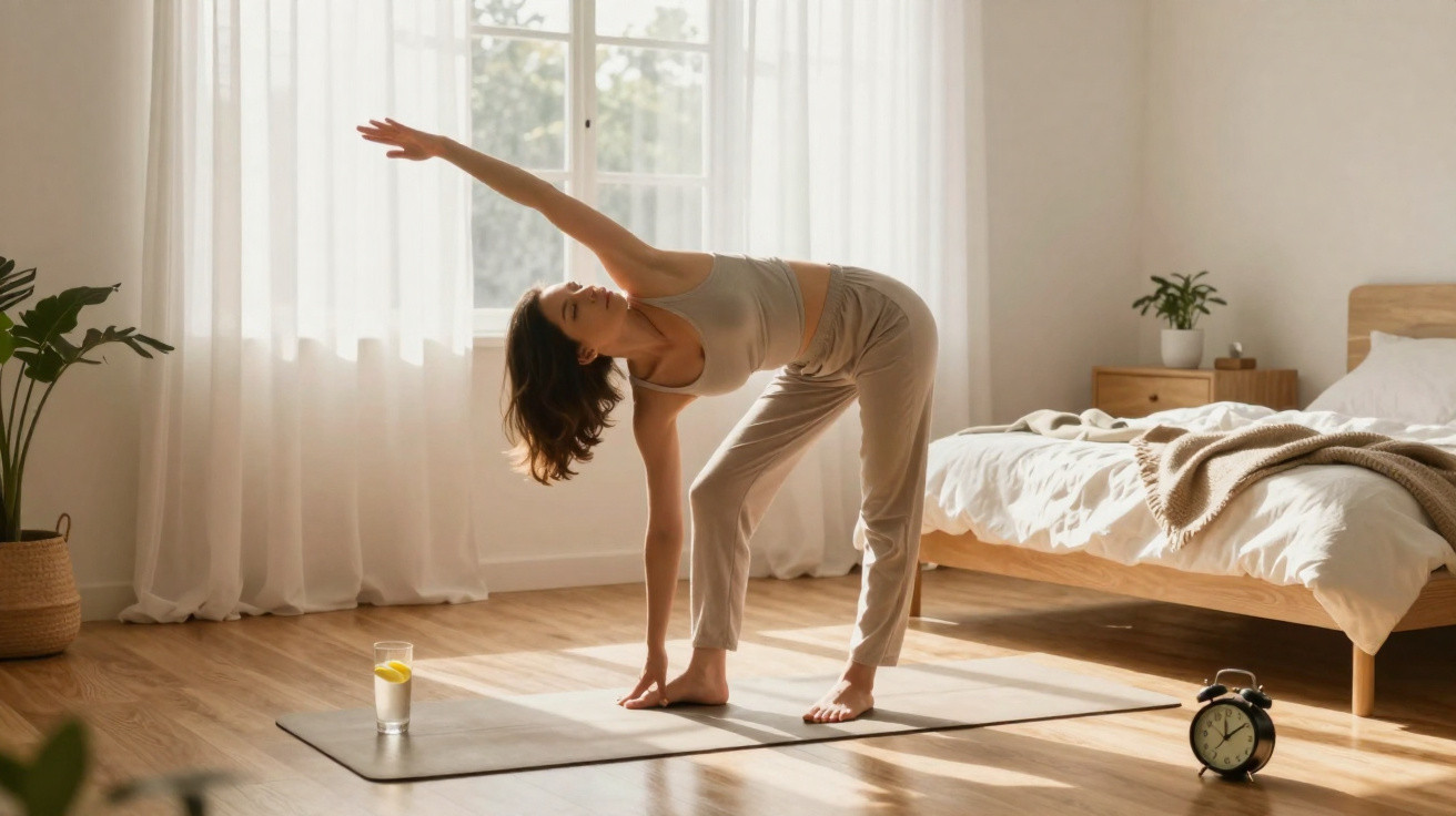 Mulher praticando yoga em tapete na sala iluminada, ao lado de um copo d'água e despertador preto.