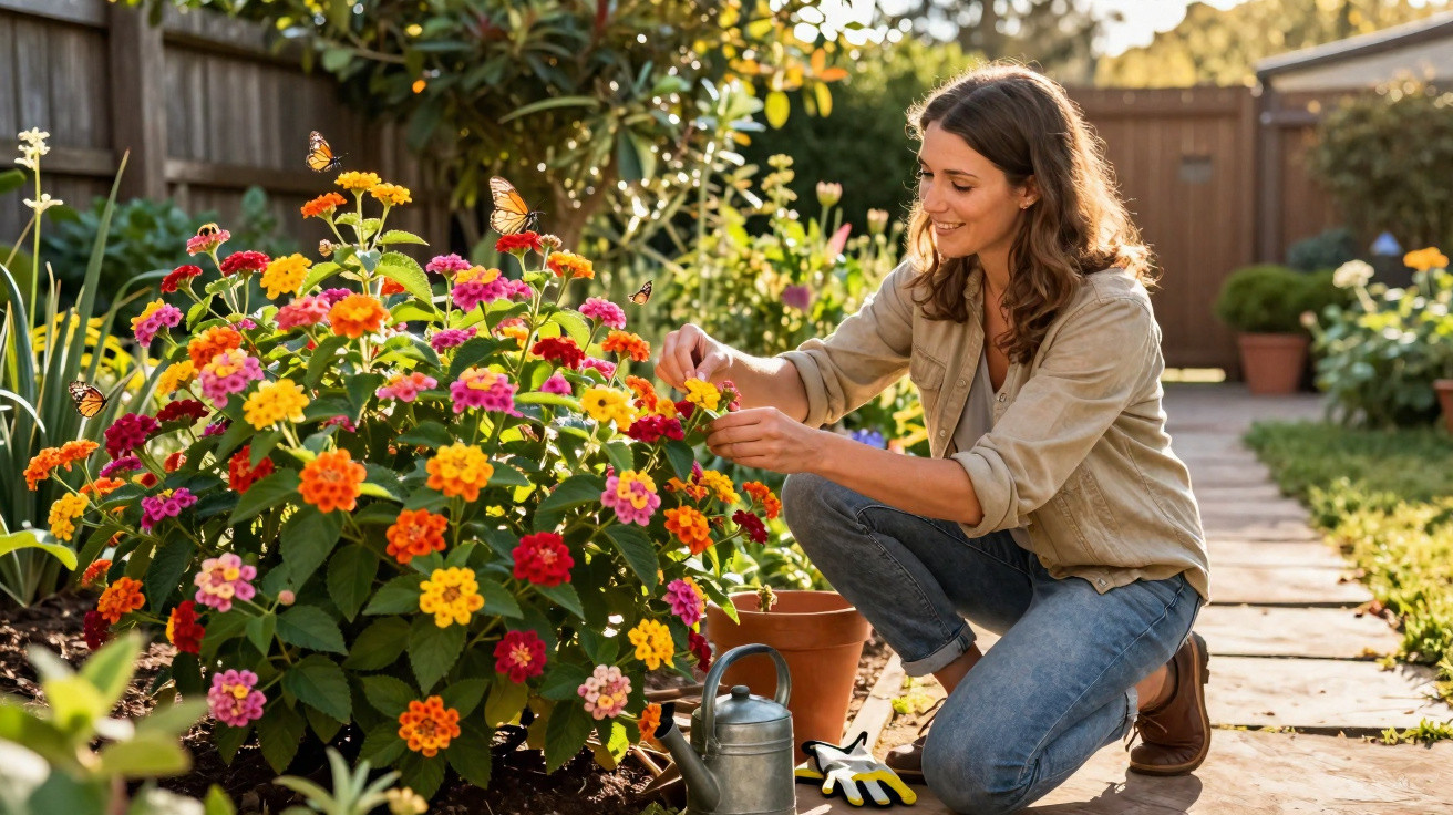 Mulher cuidando de flores coloridas em jardim com borboletas em dia ensolarado.