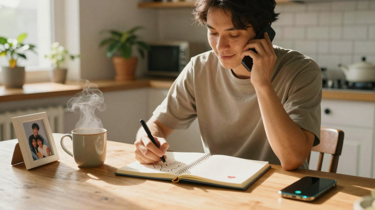 Jovem sentado à mesa em casa, falando ao telefone e desenhando em caderno com caneca fumegante ao lado.