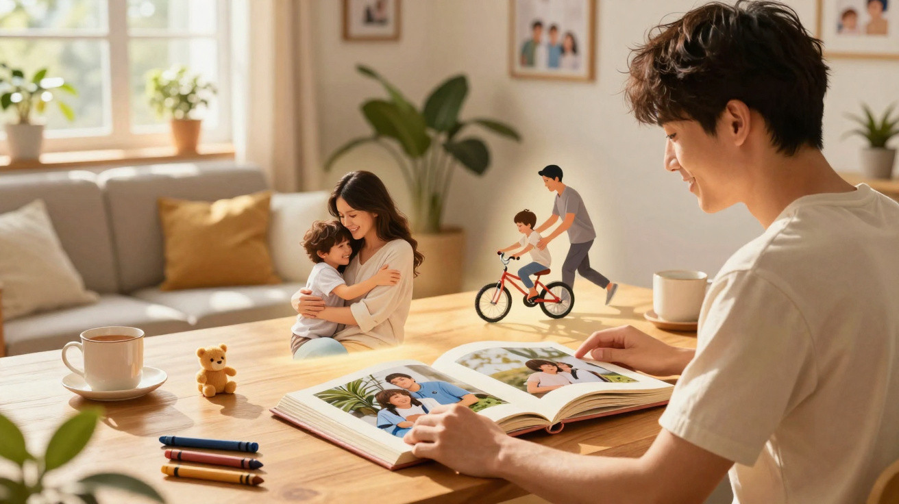 Jovem olha álbum de fotos enquanto pai e filho brincam e mãe abraça criança no sofá iluminado.