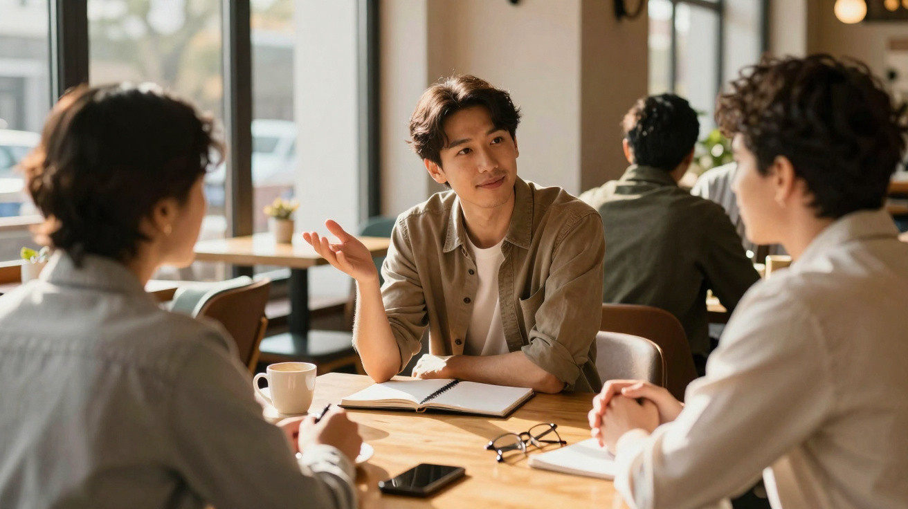 Três jovens discutem ideias em conversa animada em mesa de café com cadernos e café.