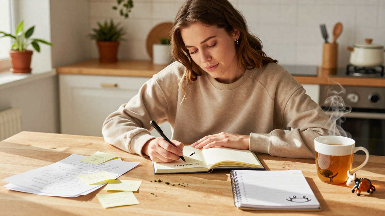 Mulher escrevendo em caderno com material de escritório em uma mesa de madeira na cozinha iluminada.