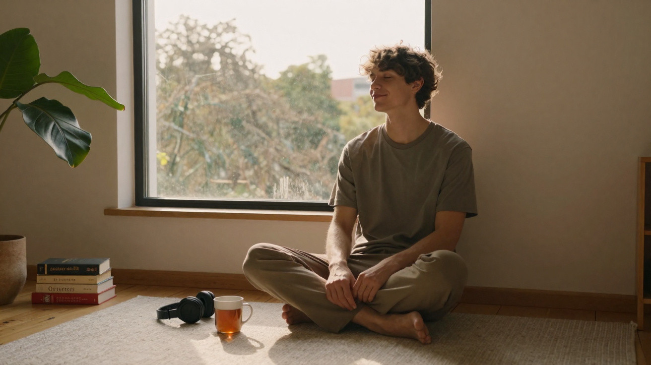 Jovem sentado no chão de casa, relaxando e apreciando a luz natural perto da janela com uma xícara de chá.
