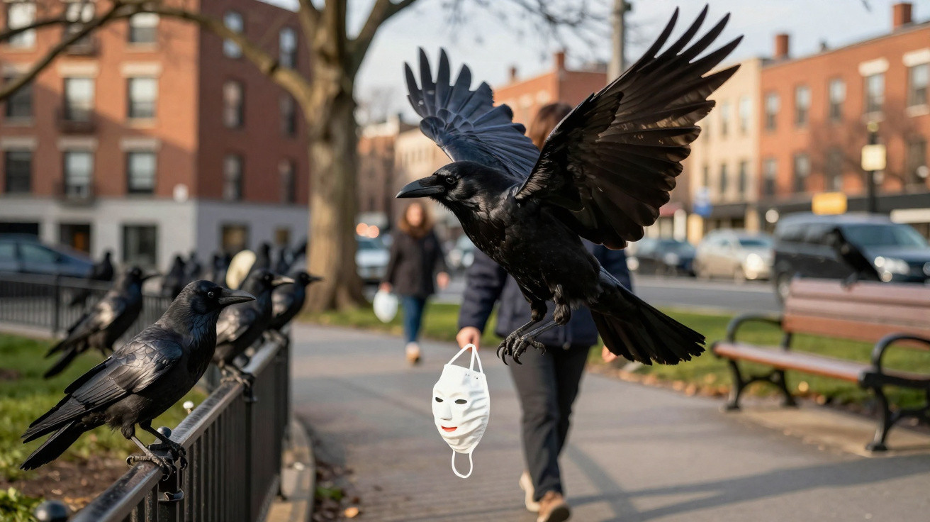 Corvo negro voando segurando uma máscara branca em bico, com outros corvos em cerca no parque urbano.