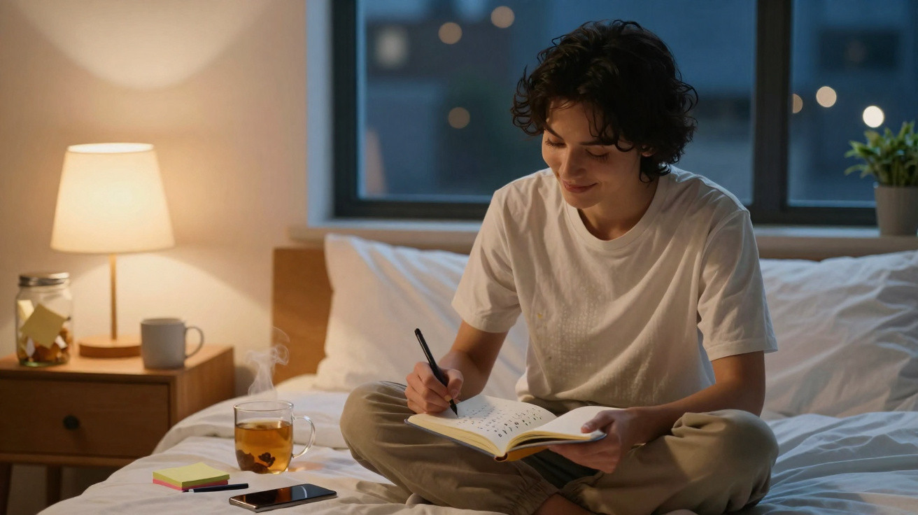 Pessoa sentada na cama à noite escrevendo em caderno, com chá, celular e abajur ao lado.