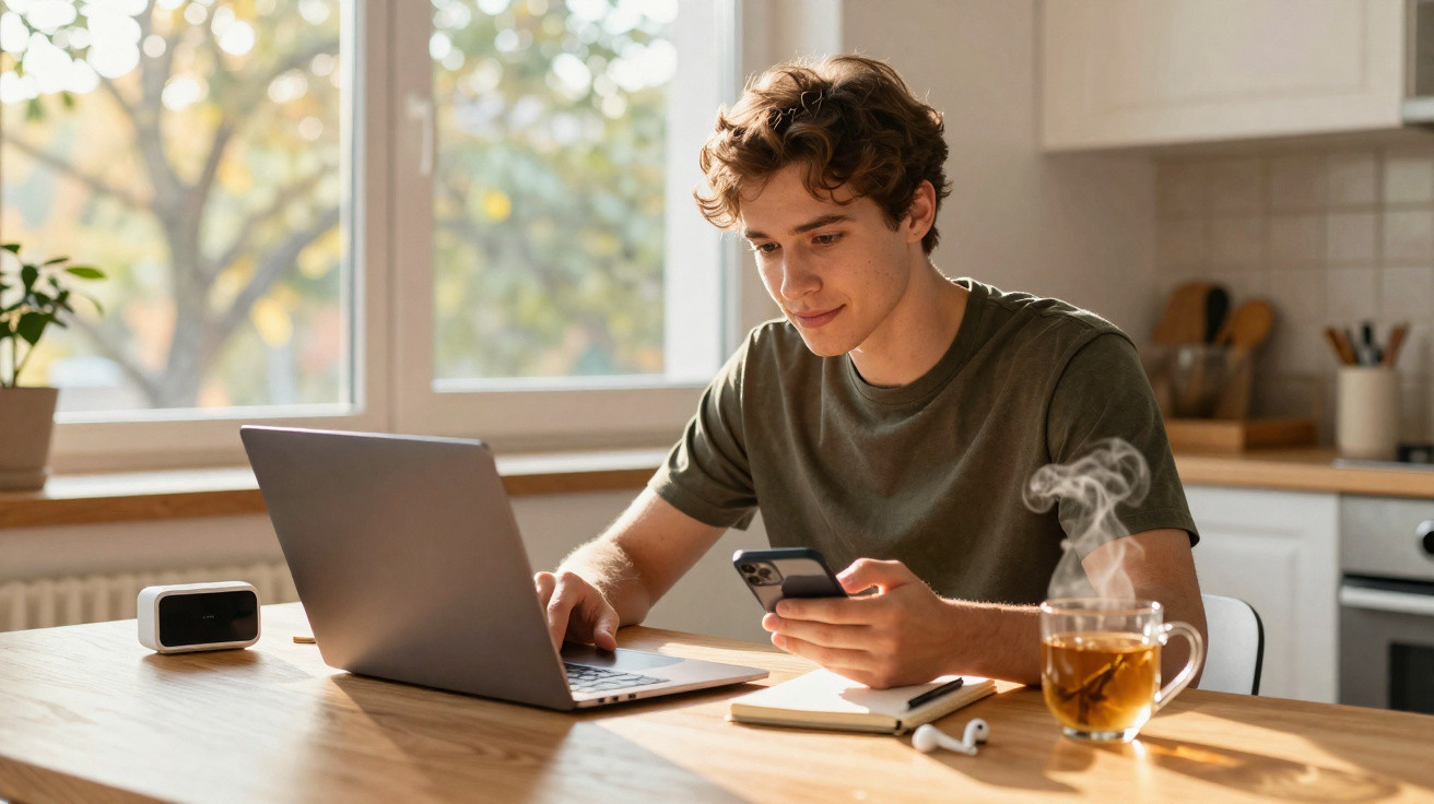Jovem usando celular e laptop em mesa com notebook, fone e xícara de chá quente em ambiente iluminado.
