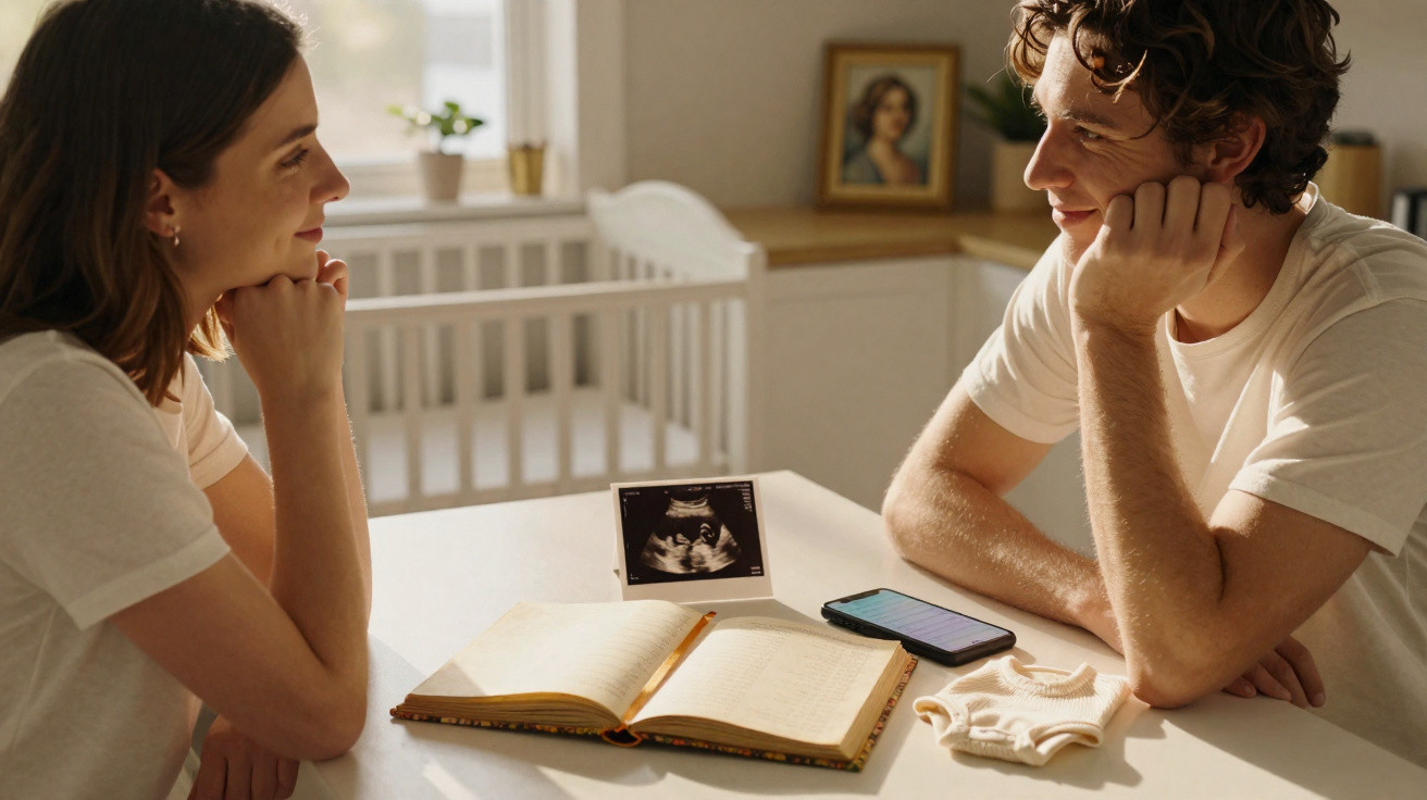 Casal senta à mesa com ultrassom, livro aberto, smartphone e sapatinho de bebê em quarto iluminado.