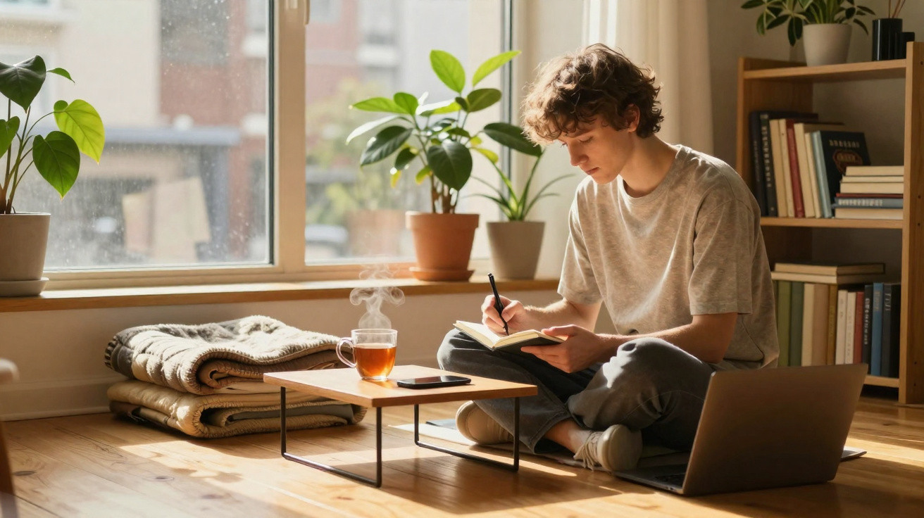Jovem sentado no chão escrevendo em caderno ao lado de xícara de chá quente em ambiente iluminado e com plantas.