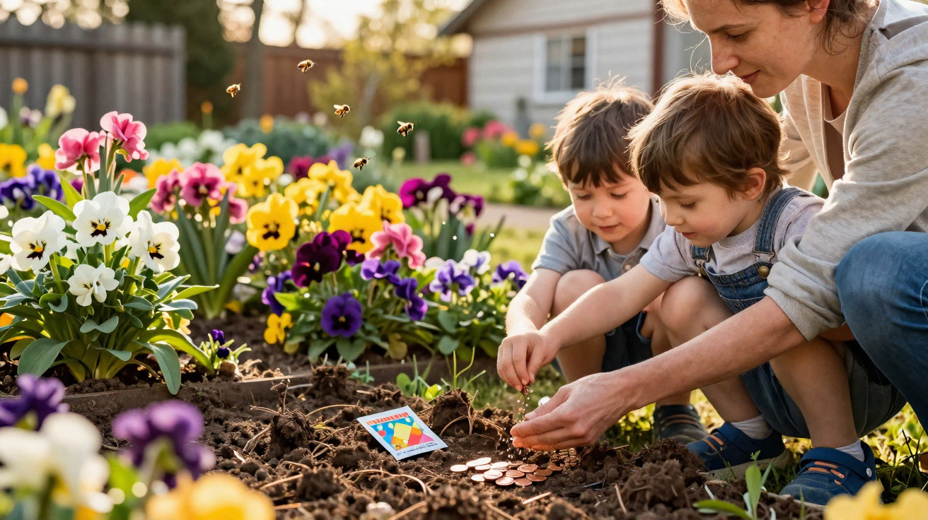 Mulher e duas crianças plantando moedas em jardim cheio de flores coloridas ao ar livre.