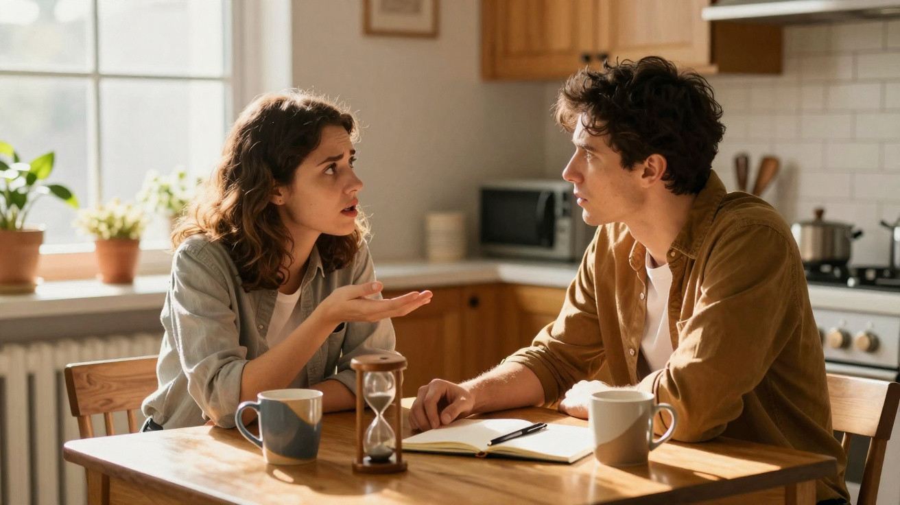 Casal discutindo sentado à mesa da cozinha com café, caderno e ampulheta na mesa.