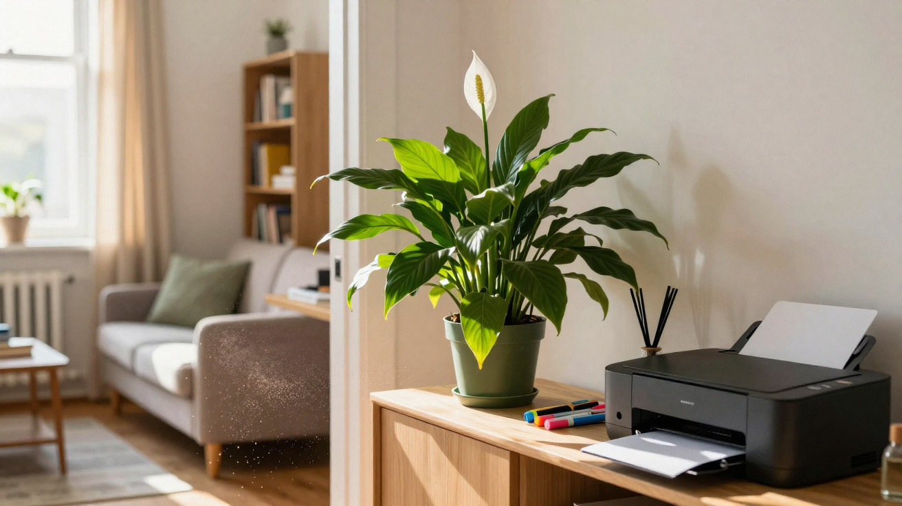 Planta lírio-da-paz em vaso sobre móvel de madeira ao lado de impressora em sala iluminada.