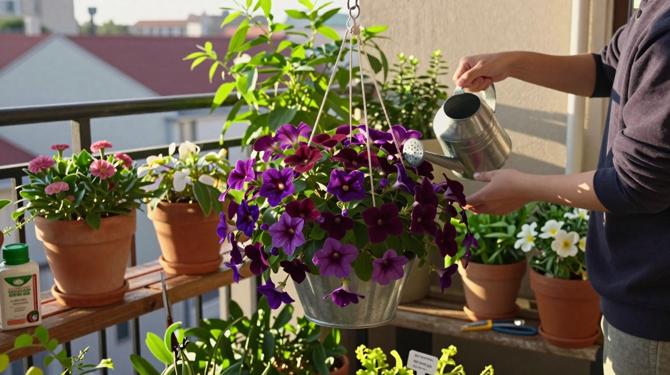 Pessoa regando flores em vaso suspenso com regador de metal em varanda ensolarada.