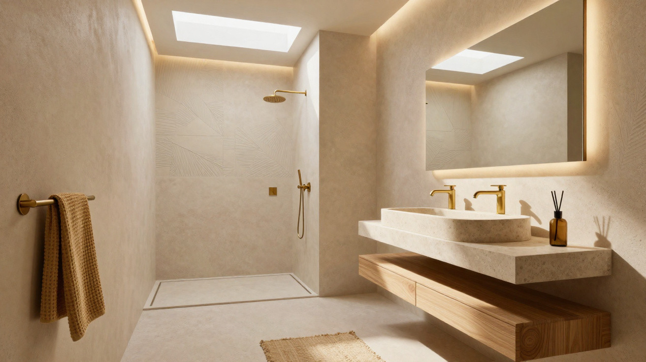 Banheiro minimalista em tons neutros com chuveiro de teto dourado e pia dupla com espelho iluminado.