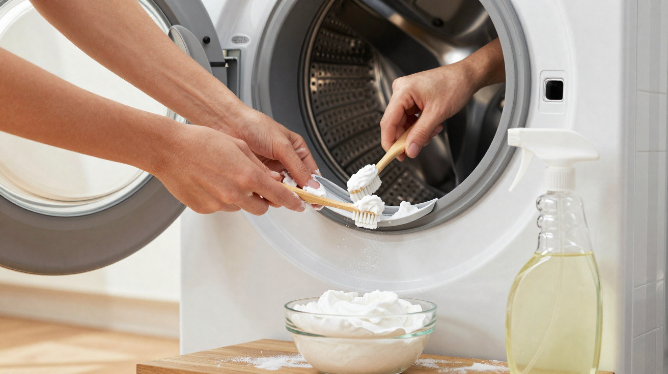 Duas mãos aplicando pasta de dente em escovas perto de máquina de lavar roupas aberta.