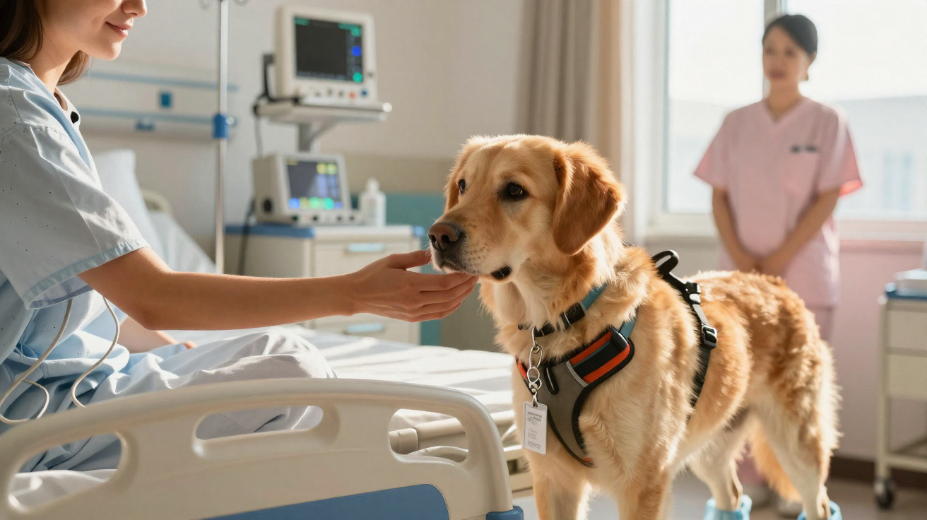 Mulher em hospital acaricia cachorro de terapia com colete e identificação, profissional observa ao fundo.