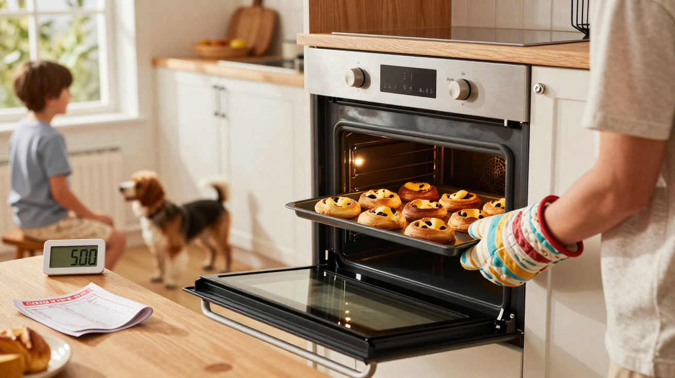 Pessoa tirando pão doce com passas do forno na cozinha com criança e cachorro ao fundo.