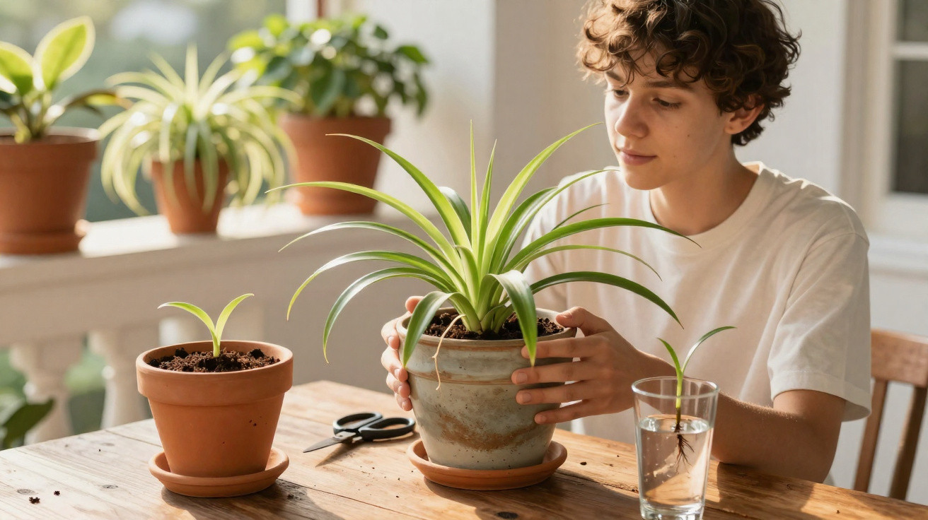 Jovem cuidando de planta em vaso em mesa de madeira com outras plantas ao redor em ambiente iluminado.
