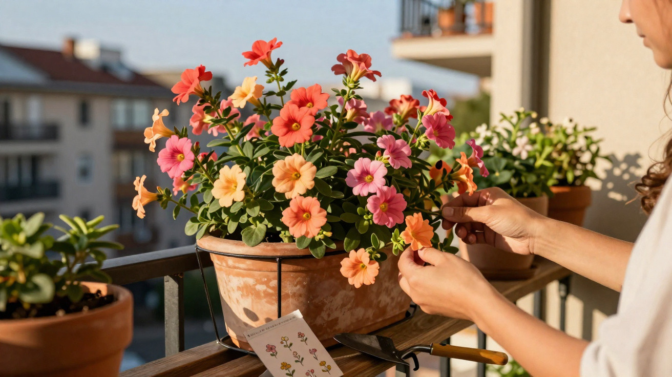 Pessoa cuidando de flores coloridas em vasos no parapeito de uma varanda ensolarada.