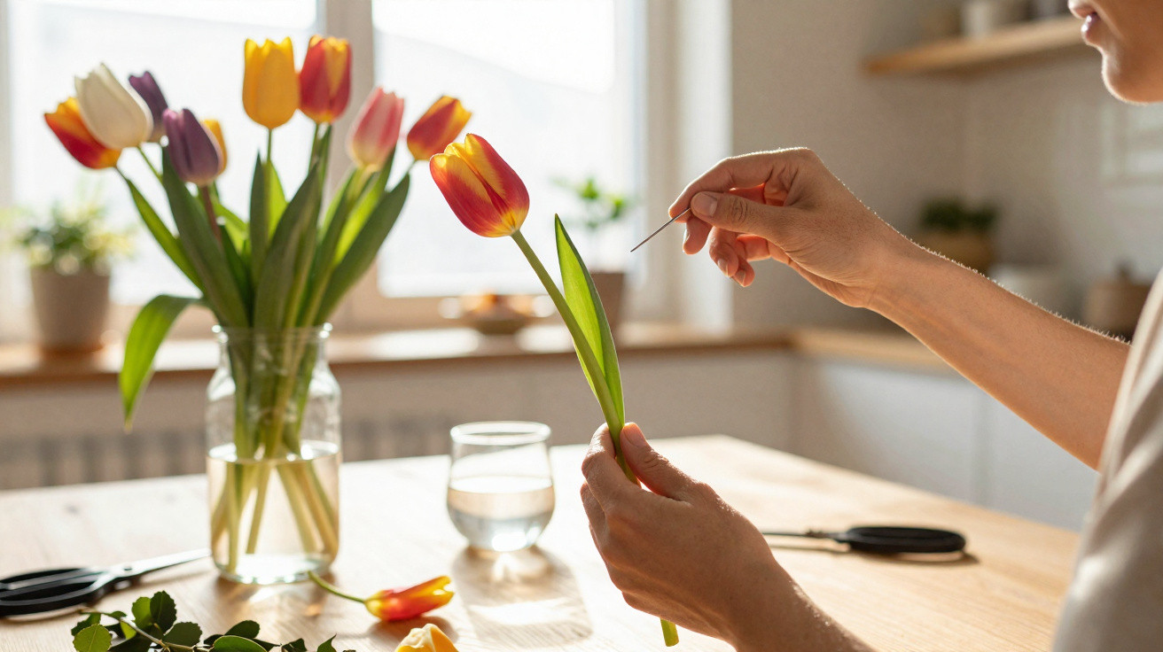 Pessoa segurando tulipa laranja vermelha e inserindo agulha no caule em mesa iluminada com jarro de tulipas coloridas.