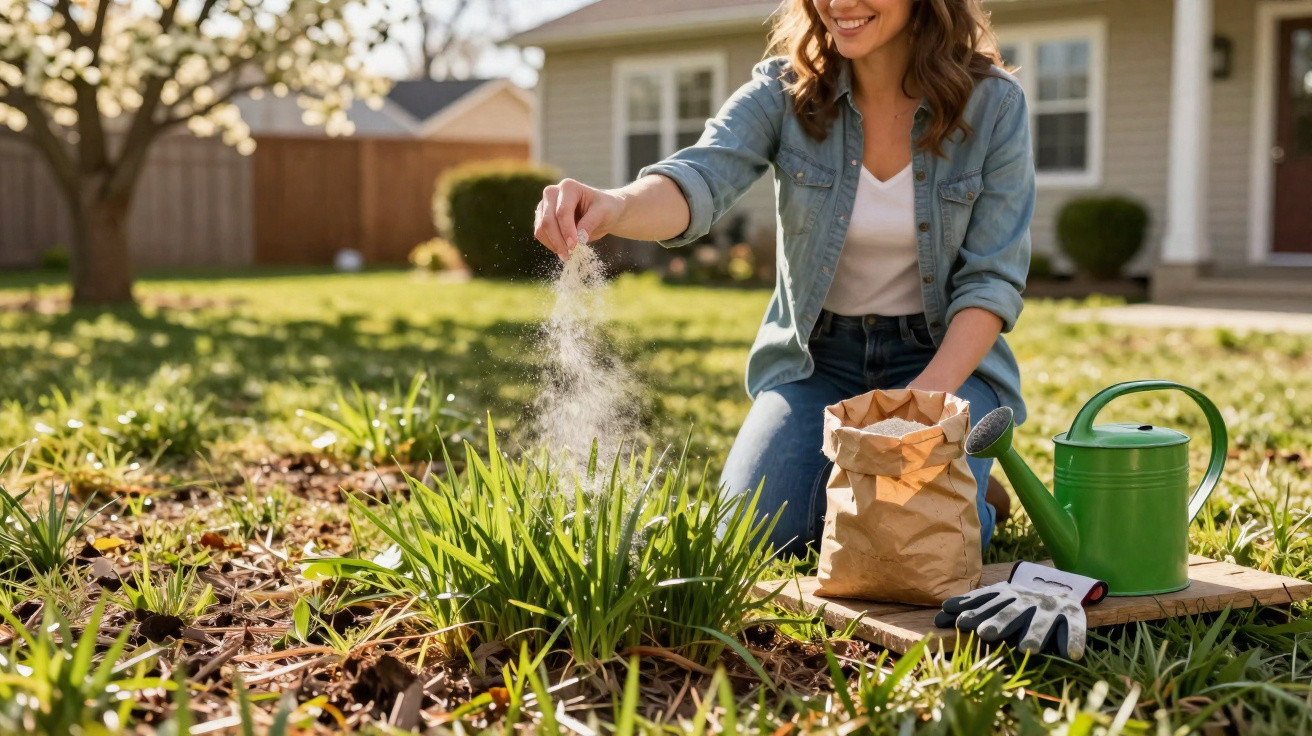 Mulher sorridente cuidando do jardim, espalhando fertilizante nas plantas em dia ensolarado.